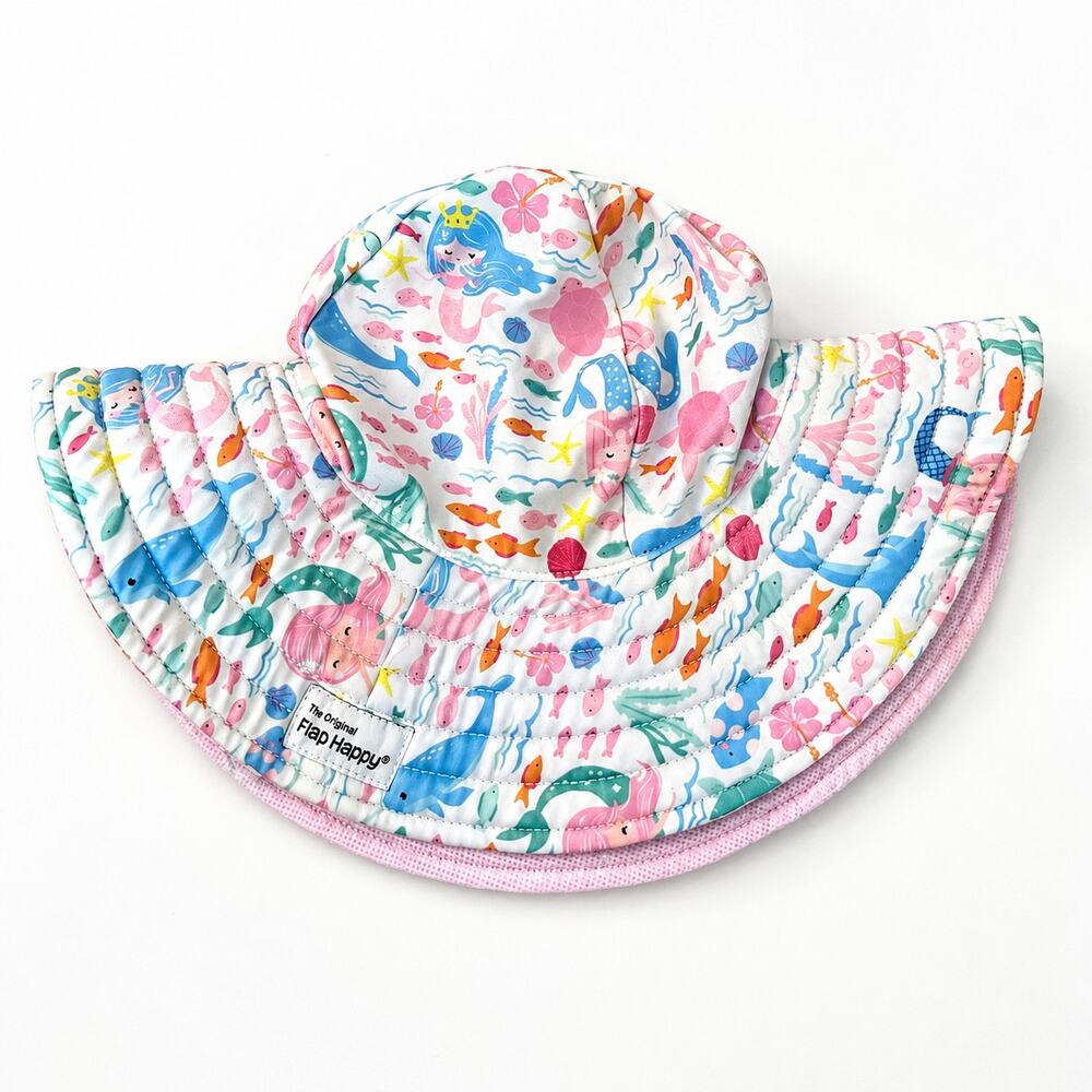 Flap Happy Original Mermaid Print Wide Brim UPF Sun Hat Baby Toddler Pink